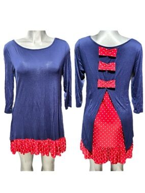Celeste Coquette Tunic Shift Dress Sz Medium Polka Dot Tunic Back Bows Blue/Red